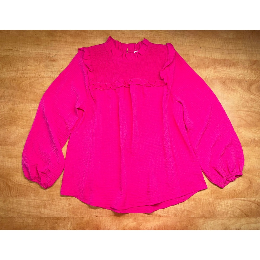 Jodifl Hot Pink Ruffle Smocked Mock Neck Blouse size Small